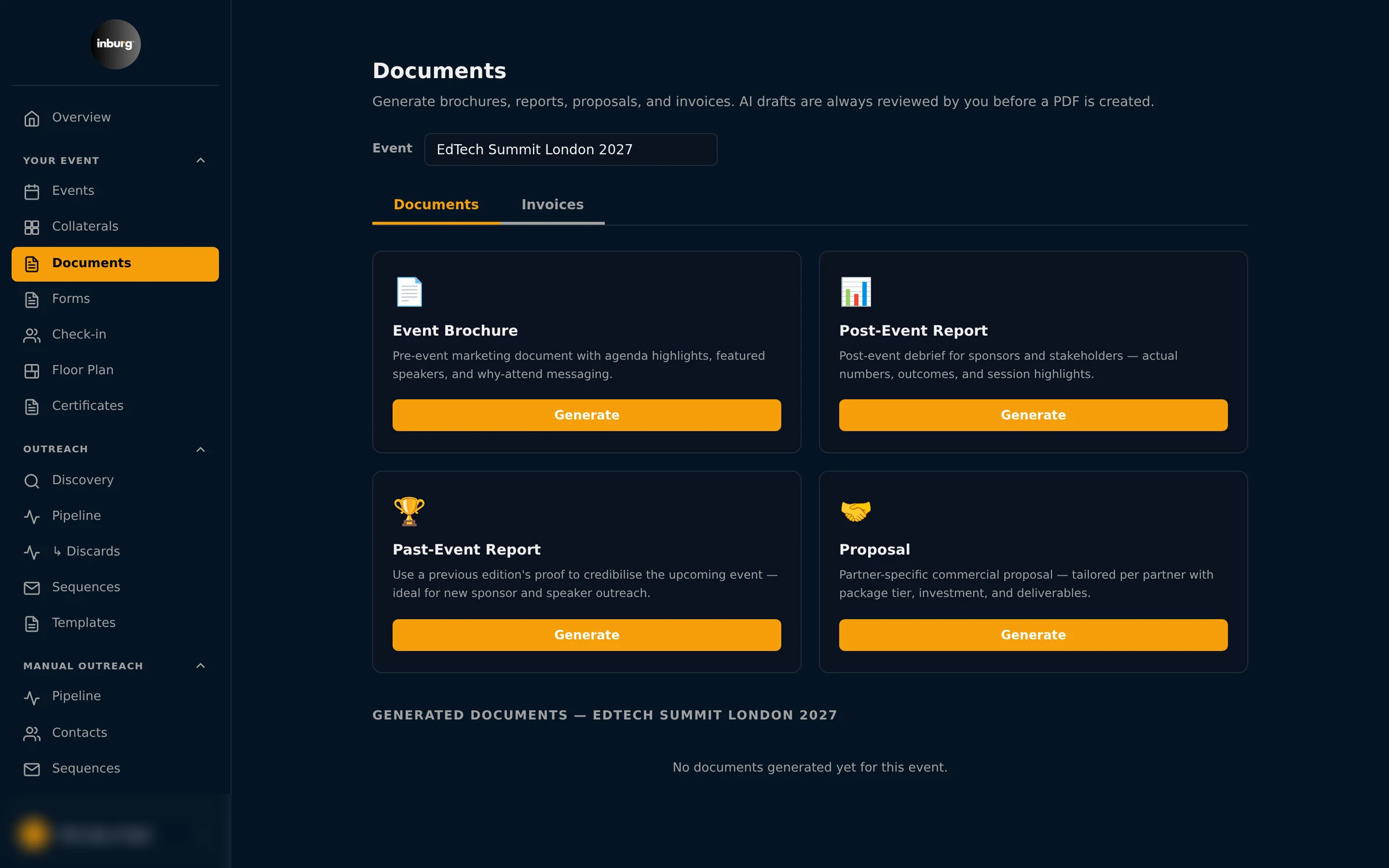 Inburg Documents: event brochure, post-event report, past-event report and proposal cards, each with a Generate button