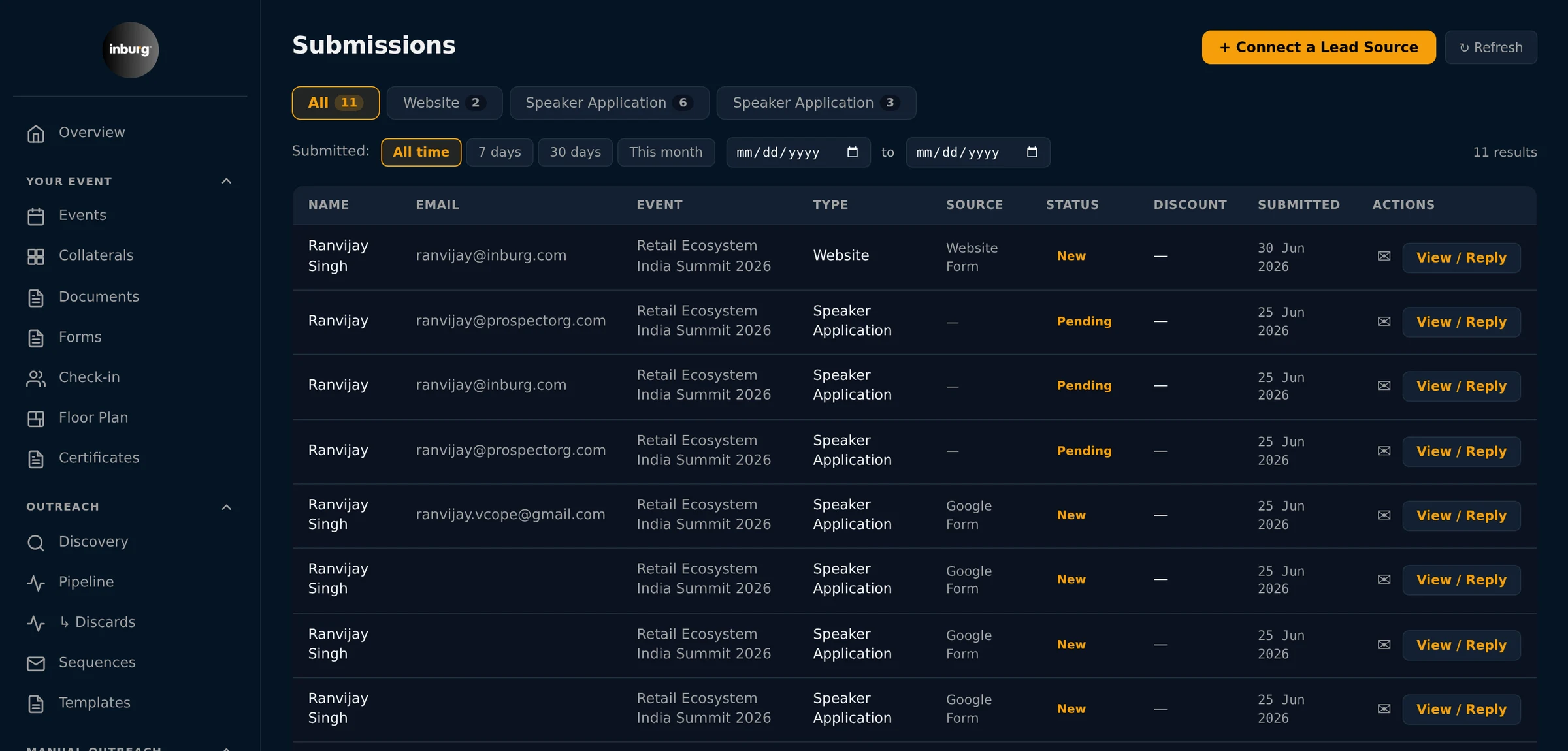 Inburg submissions: website, Google Form and custom form leads for one event normalized into a single list
